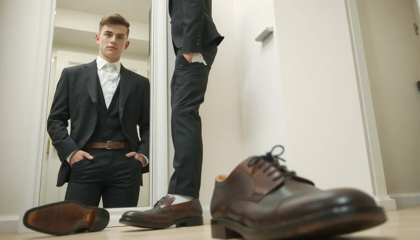 costume noir et chaussure marron
